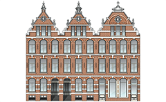 Vector illustration of classic high-rise houses from Amsterdam, Netherlands. Dutch city houses of the Renaissance epoch. The front walls of the buildings end with beautiful gables. Visible brickwork with shaped fugues, horizontal friezes and beautiful woodwork. Colored architectural drawing.