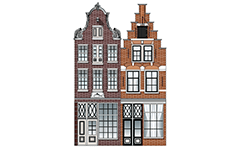 Vector illustration of two Dutch Renaissance canal houses. The Netherlands city houses have a beautiful gables, visible brickwork with shaped fugues, horizontal friezes and beautiful woodwork. Color architectural facade. Front view with all details.