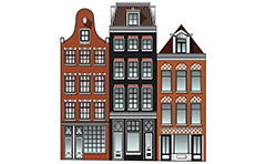 Vector illustration of three classic high-rise houses from Netherlands capital Amsterdam with coffee shops on first ground floor. The front walls of the buildings end with beautiful gables, visible brickwork with shaped fugues, horizontal friezes and beautiful woodwork. Colored architectural drawing with many details.