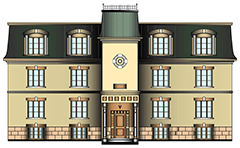 Vector illustration of contemporary yellow house with mansard roof. Detail front view of entrance facade. Colored architectural graphic.