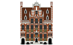 Vector illustration with high-detailing and painted AUTOCAD drafting of old canal house (huis) from Dutch capital Amsterdam. Isolated object over white background.