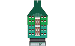 Front view of colorful facade from Zaandam city, Netherlands. A Dutch public building with modern offices and part of the new town hall in Zaanstad. Innovation of colors, materials and construction with standing poles for easier access to bus stations around. EDITORIAL USE