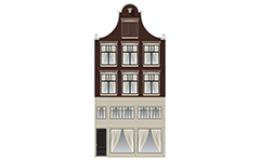 Old Dutch building with shape of the facade like a church bell- "klokgevel" type. The clock gable is typical for the period from 1660 to 1790.These gables are made of brick and have covering vault of sandstone with decorations- fruits and flowers or ornaments in style of Louis XV.