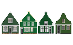 A set of facades of old wooden houses located around the river Zaan, Netherlands. These are known as Zaanse facades. They are painted in green and extends over Zaanstad and Zaanstreek. Different gables. Vector icons.