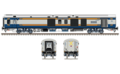 Side and front view with Indian Linke Hofmann Busch power car used by luxury high-speed Tejas Express train. Dark blue-silver livery with yellow stripes from February 2017. Reporting mark NR - Northern Railway zone of Indian Railways. High-quality and detailed vector illustration. EDITORIAL USE