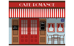 Vector illustration with front view of urban coffee house. A street cafe. Modern minimal design. Urban scene, classic narrow European street.