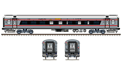 Side and front view of Indian LHB sleeper. Air-Conditioned coach LWACCN type with 52 seats/berths and 2A class. Silver livery with two red bands. Reporting mark SW - South Western Railway zone of Indian Railways. Coach manufactured by ICF with 100% green energy. EDITORIAL USE