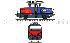 Side and front view of Swiss hybrid shunting engine. Reporting mark Schweizerische Bundesbahnen -  Swiss Federal Railways. Builder - Stadler Rail Switzerland. High-detailed color drawing with all designations and inscriptions. EDITORIAL USE