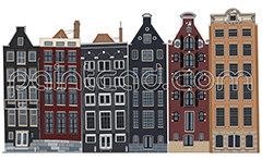 Back view with a famous historic buildings near on the Damrak canal. The "Gingerbread Houses" are situated between Amsterdam Centraal station and Dam Square. Classic Dutch 17-th century architecture. Color and detailed CAD draft of canal houses. An original sketch that is suitable for online use, posters, prints, etc.