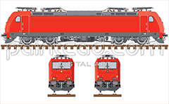 Flat infographic design with engine for hauling of the freight trains. Side and front modern view without black outline lines of the shapes. Clean and easily editable digital art without any gradients. The colored draft is very suitable for clipart, information icons, presentations, application buttons, technical projects, etc.