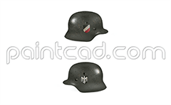 A nazi dark green helmet used by land forces of German army during the World War II. Double decals insignia. On right side have an imperial shield in black, white and red. On left side view is shown stylized imperial eagle who has grabbed swastika. Eastern front, 1943. An artistic illustration suitable for historical purposes - research materials, education, documentaries books, and museums.
