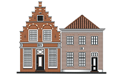 Two Dutch canal houses. Left facade have a wall in style step gables. Behind the wall is located a dual pitched roof. At the top of the building have a single window that serves as entrance for the transfer of cargo from the winch over it. Both houses have a visible brickwork and shaped fugues.