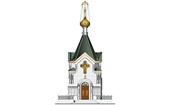 Front view with classic Russian Orthodox temple. Colored architectural drawing with stairs, metal railing, entrance, walls, columns, green roof and shining gold onion dome. Eastern Orthodox gold cross with three horizontal crossbeams known as the Suppedaneum cross.