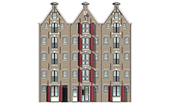 Facade of contemporary high-rise canal houses from Amsterdam city. They are located on Prinseneiland street in the heart of the Dutch capital, near to the Central station Amsterdam Centraal
and Marina Westerdok. The buildings are designed and built in middle of 70’s of last century. They stand out with their red metal shutters and sharp facade end.